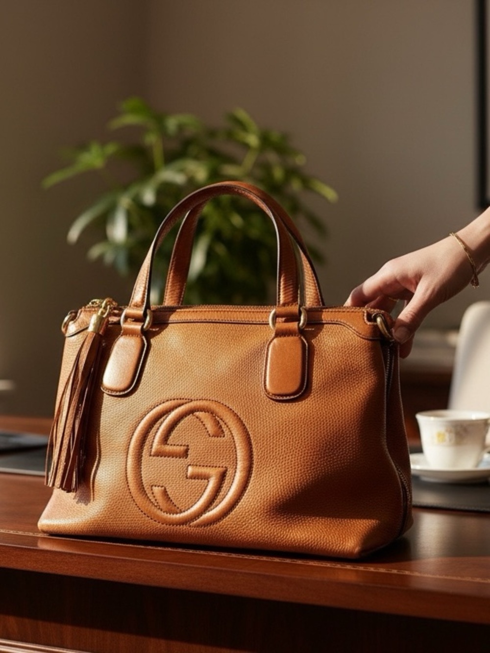 Gucci Orange Brown Metallic Pebbled Leather 2way Soho Working Tote Satchel Auth